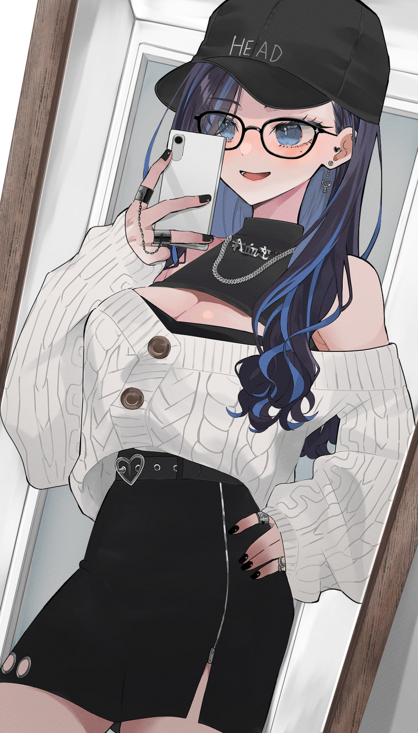 1girl baseball_cap black-framed_eyewear black_hair black_hat black_nails black_skirt blue_eyes blue_hair blush breasts cellphone cleavage cleavage_cutout clothing_cutout colored_inner_hair hand_on_own_hip hat highres holding holding_phone kson kson_(party_dress) large_breasts looking_at_viewer may_nakasaki multicolored_hair nail_polish phone selfie skirt smartphone smile solo streaked_hair sweater virtual_youtuber vshojo white_sweater