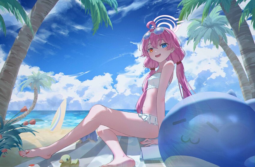 1girl absurdres ahoge barefoot beach bikini blue_archive blue_eyes blue_sky breasts cloud cloudy_sky commentary_request day eyewear_on_head fang frilled_bikini frills hair_bobbles hair_ornament halo heterochromia highres hoshino_(blue_archive) hoshino_(swimsuit)_(blue_archive) innertube long_hair looking_at_viewer low_twintails ocean official_alternate_costume open_mouth outdoors palm_tree pink_hair pink_halo red_eyes rubber_duck sitting skin_fang sky small_breasts smile solo sunglasses swim_ring swimsuit tree twintails white_bikini xin1
