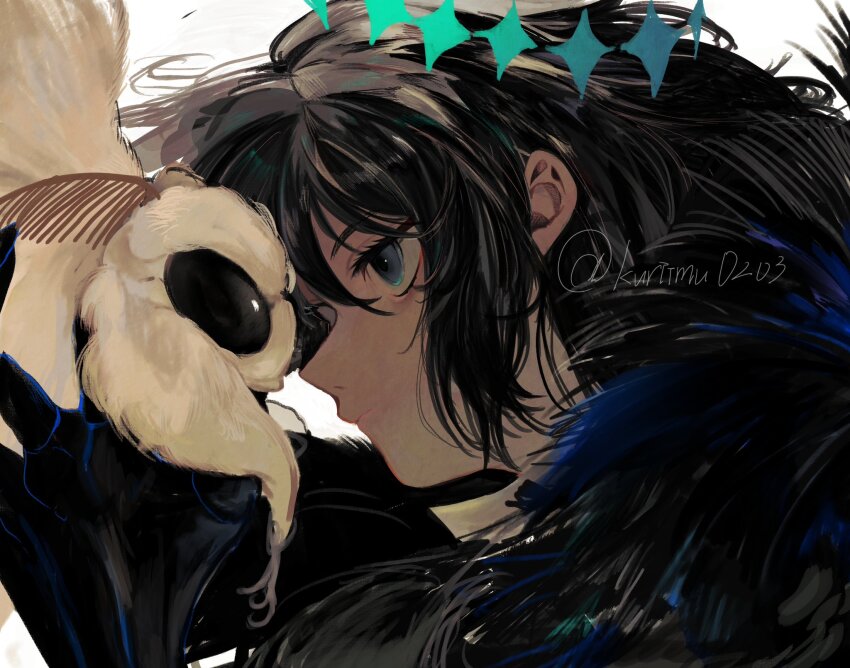 1boy black_hair blanca_(fate) blue_eyes bug close-up crown diamond_hairband face-to-face fate/grand_order fate_(series) from_side fur_trim highres insect kuriimu0203 male_focus medium_hair moth oberon_(fate) oberon_(third_ascension)_(fate) oversized_insect profile