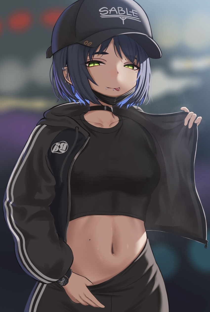 1girl barbell_piercing baseball_cap black_choker black_hat black_jacket black_mask black_shirt black_shorts blue_hair blurry blurry_background breasts choker clothes_pull collarbone commentary_request cowboy_shot crop_top deipara_(nikke) drawstring ear_piercing face_piercing goddess_of_victory:_nikke green_eyes hat highres hood hood_down hooded_jacket industrial_piercing jacket long_sleeves looking_at_viewer mask mask_pull medium_breasts midriff mole mole_above_eye mole_on_stomach mole_under_eye mouth_mask mouth_piercing navel nishinokyo open_clothes open_jacket partial_commentary piercing shirt short_hair short_shorts shorts shorts_pull sidelocks smile solo standing tongue tongue_out tongue_piercing watch wristwatch
