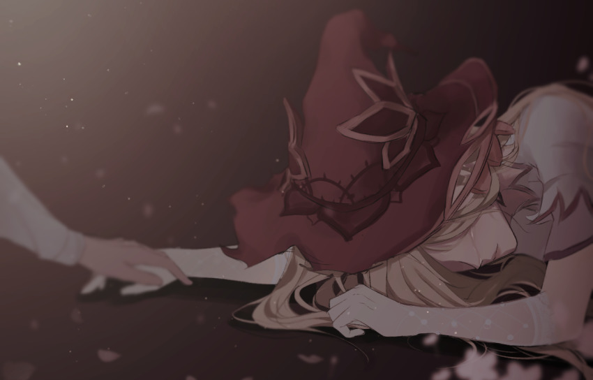 1girl 1other blonde_hair chinese_commentary collared_shirt commentary_request covering_face crying genshin_impact hat kuko_(geeeee_ss) lens_flare long_hair long_sleeves lying out_of_frame petals shirt short_sleeves signora_(genshin_impact) sparkle tagme white_shirt witch_hat