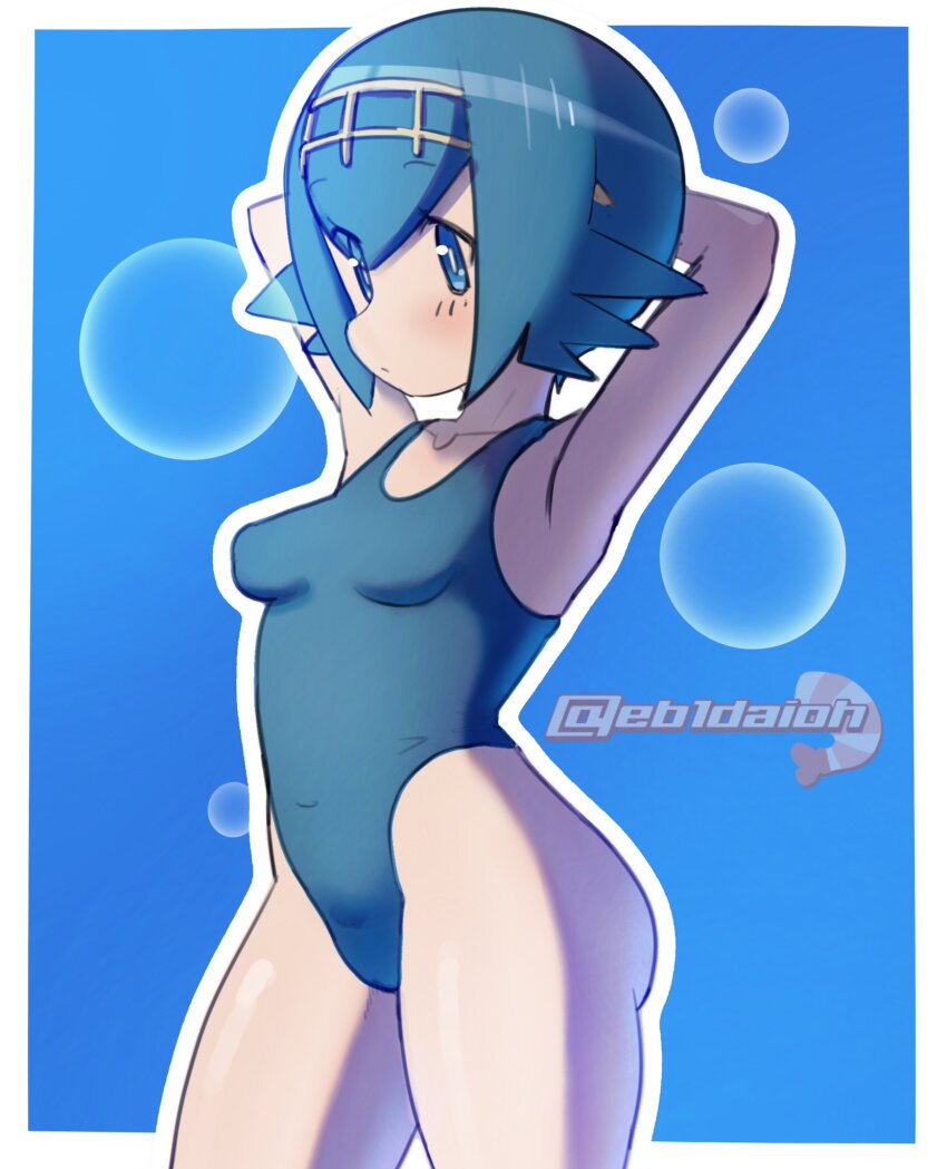 1girl arms_behind_head ass blue_background blue_eyes blue_hair blue_one-piece_swimsuit border breasts bubble closed_mouth collarbone from_side gradient_background lana_(pokemon) light_blush loli madmex nintendo one-piece_swimsuit outline petite pokemon pokemon_sm small_breasts solo swimsuit thighs watermark white_border white_outline