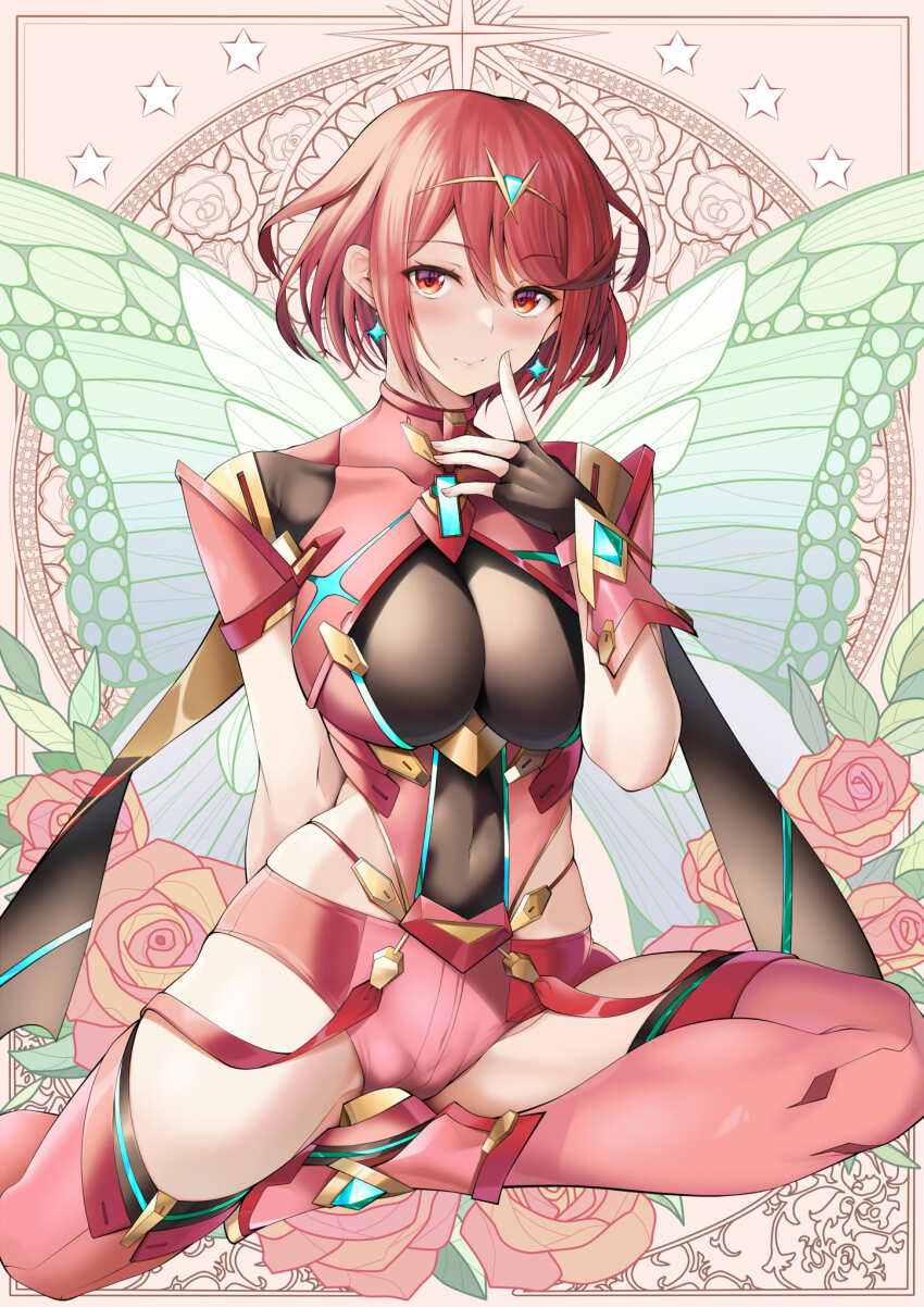 1girl blush bob_cut breasts chest_jewel core_crystal_(xenoblade) daive earrings fingerless_gloves floating_earring gem gloves headpiece highres jewelry large_breasts looking_at_viewer pyra_(xenoblade) red_eyes red_hair red_shorts short_hair shorts smile solo swept_bangs thighhighs tiara xenoblade_chronicles_(series) xenoblade_chronicles_2