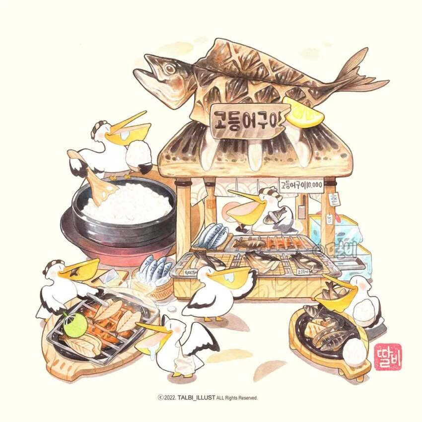 2022 animal_focus artist_name bird commentary_request copyright_notice fish_(food) fish_tank food food_focus fruit grill holding holding_spoon korean_commentary lemon lemon_slice no_humans open_mouth original pelican restaurant rice simple_background skewer spoon steam stirring talbi watermark white_background