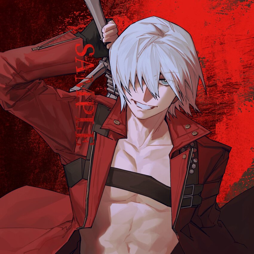 1boy belt_bra bishounen blue_eyes coat dante_(devil_may_cry) devil_may_cry devil_may_cry_(series) devil_may_cry_3 fingerless_gloves gloves hair_between_eyes hair_over_one_eye highres holding looking_at_viewer rebellion_(sword) red_coat smile solo sword toned toned_male weapon white_hair zmlskr