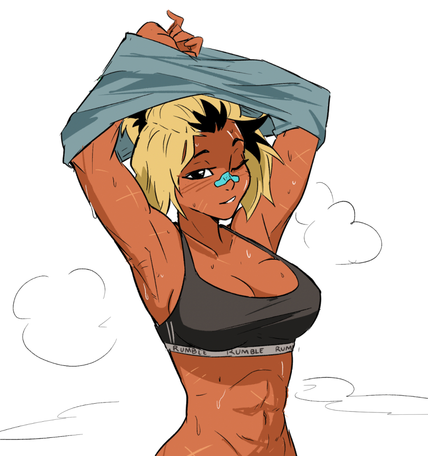 1girl abs armpits arms_up bandaid bandaid_on_face bandaid_on_nose beck_shiloh black_eyes black_hair black_sports_bra blonde_hair blue_shirt breasts cleavage commentary dark-skinned_female dark_skin english_commentary highres holding holding_shirt holding_unworn_clothes light_smile multicolored_hair multiple_scars one_eye_closed original parted_lips roots_(hair) rumble_after_dark scar shirt shirt_over_head sketch_background solo spicymancer sports_bra sweat toned toned_female undressing unworn_shirt white_background