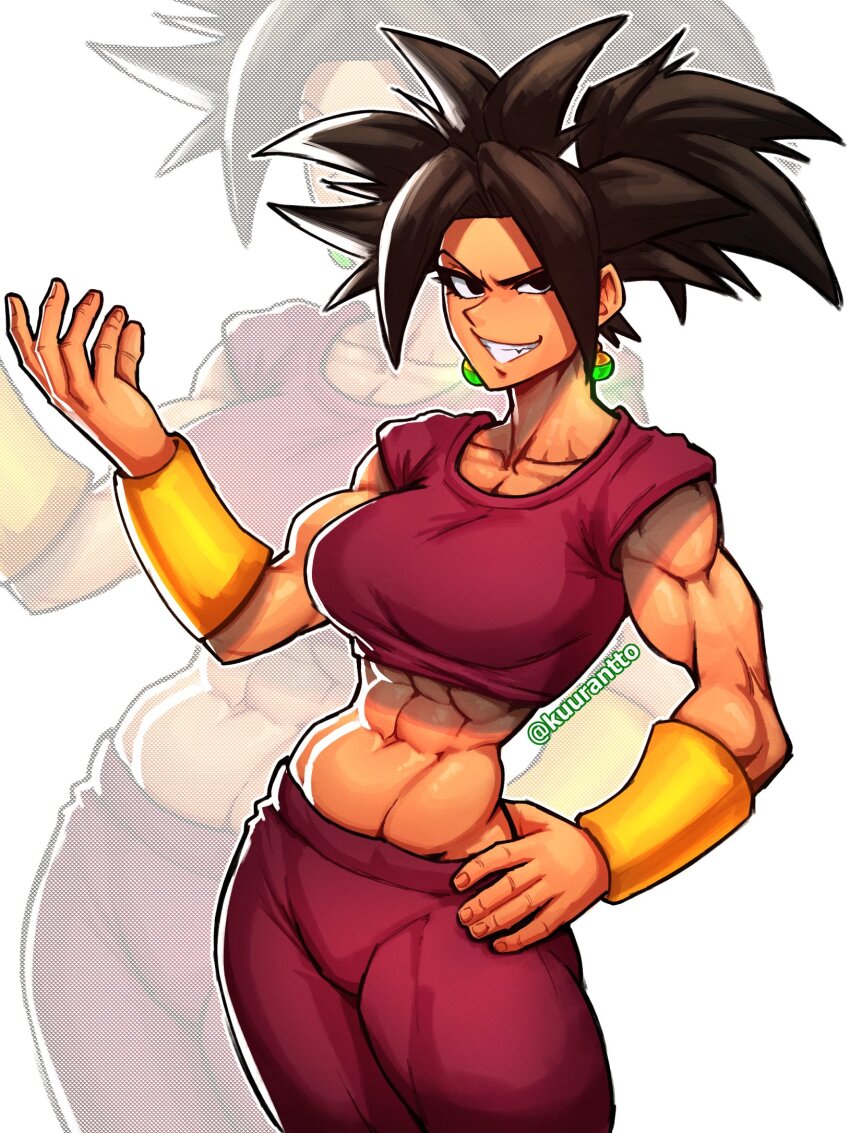 1girl abs black_eyes black_hair bracelet breasts curvy dragon_ball dragon_ball_super earrings hand_on_own_hip highres jewelry kefla_(dragon_ball) kuurantto large_breasts muscular muscular_female nails navel pants potara_earrings smile spiked_hair teeth