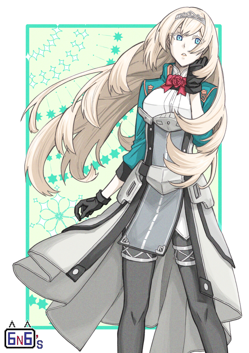 1girl black_gloves black_pantyhose blonde_hair blue_eyes breasts cropped_jacket flower gloves green_jacket hair_between_eyes highres jacket kantai_collection long_hair long_sleeves medium_breasts military_uniform munmu-san pantyhose red_flower red_rose rose solo standing tiara very_long_hair victorious_(kancolle)