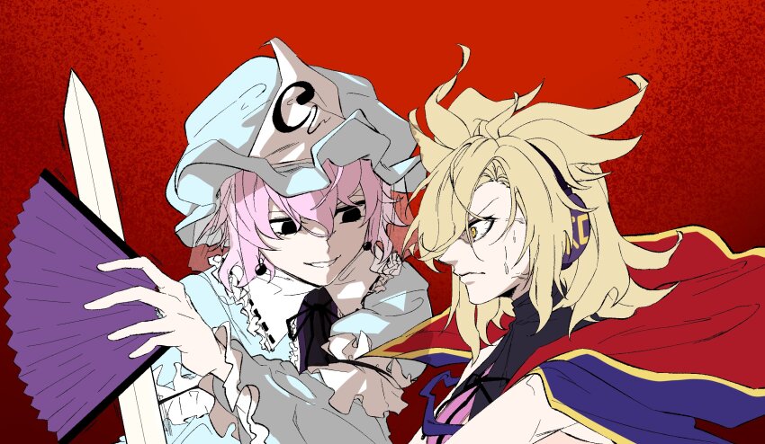 2girls black_eyes black_garter black_shirt blonde_hair blue_hat blue_kimono cape casimia center_frills closed_mouth collared_cape commentary_request earrings eyelashes folding_fan frilled_garter frilled_headwear frilled_kimono frilled_sleeves frills frown hair_between_eyes hair_ears hand_fan hat headphones high_collar highres holding holding_fan holding_sword holding_weapon jacket japanese_clothes jewelry juliet_sleeves kimono korean_commentary long_sleeves looking_at_another mob_cap multiple_girls neck_ribbon nervous_sweating open_clothes open_jacket open_mouth pink_hair puffy_sleeves purple_cape red_background red_cape ribbon ribbon-trimmed_kimono ribbon_trim saigyouji_yuyuko shirt short_hair shorts sleeve_garter smile sphere_earrings spiral_print sweat sword teeth touhou toyosatomimi_no_miko triangular_headpiece turtleneck turtleneck_shirt two-sided_cape two-sided_fabric upper_body weapon white_jacket wide-eyed wide_sleeves yellow_eyes