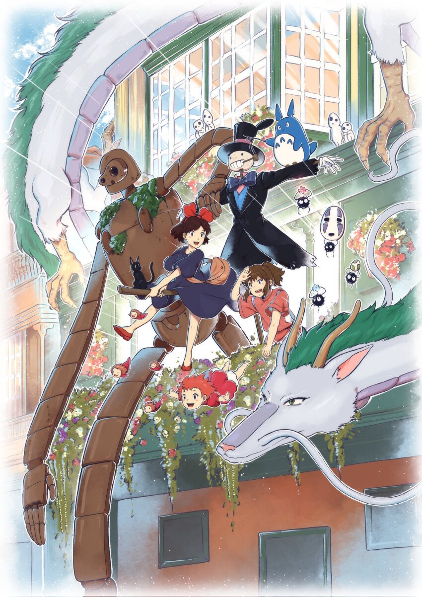 1boy 3girls 6+others black_cat black_hair black_headwear black_jacket blue_bow blue_bowtie blue_dress bow bowtie broom broom_riding brown_bag brown_hair building cat crossover day dragon dress gake_no_ue_no_ponyo gloves haku_(sen_to_chihiro_no_kamikakushi) hat highres howl_no_ugoku_shiro jacket jiji_(majo_no_takkyuubin) kaonashi kiki_(majo_no_takkyuubin) laputa_robot majo_no_takkyuubin multiple_girls multiple_others ogino_chihiro open_mouth orange_hair outdoors pipe_in_mouth ponyo ponyo_sisters ponytail prince_justin red_footwear red_shirt robot saiwo_(saiwoproject) sen_to_chihiro_no_kamikakushi shirt shoes short_hair smoking_pipe studio_ghibli susuwatari tenkuu_no_shiro_laputa tonari_no_totoro top_hat totoro white_gloves