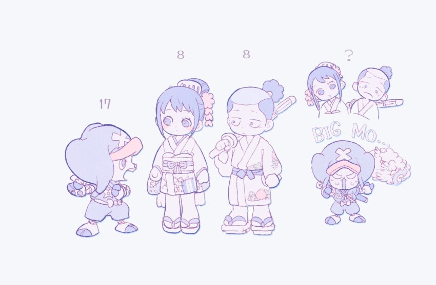 1girl 2boys ? child cross full_body geta hair_bun hat holding japanese_clothes kimono kouzuki_momonosuke kurozumi_tama mici61 multiple_boys obi one_piece ponytail sash sidelocks simple_background sweatdrop tony_tony_chopper white_background wide_sleeves