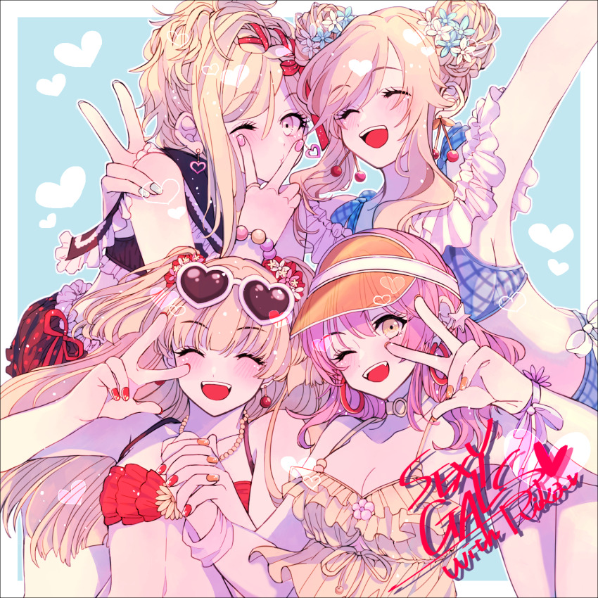 4girls amane_(7783) bikini blonde_hair blue_background blue_bikini blue_flower blush border bracelet breasts character_request cherry_earrings cleavage closed_eyes commentary_request double_bun earrings eyewear_on_head flower food-themed_earrings food_themed_earrings hair_bun hair_flower hair_ornament heart heart-shaped_eyewear highres holding_hands hoop_earrings idolmaster idolmaster_cinderella_girls interlocked_fingers jewelry looking_at_viewer medium_breasts multiple_girls necklace one_eye_closed open_mouth orange_nails pink_eyes pink_hair pink_nails red_bikini red_nails red_ribbon ribbon ribbon_braid ring smile sunglasses swimsuit v visor_cap white_border white_flower yellow_eyes