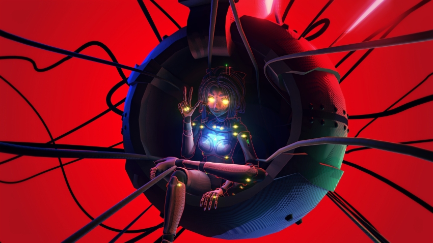 absurdres blue_hair cable cable_hair colored_skin core_mita_(miside) glowing glowing_eyes highres joints koishit_(artist) looking_at_viewer miside mita_(miside) peace_symbol robot robot_joints simple_background smile stylistic white_skin yellow_eyes