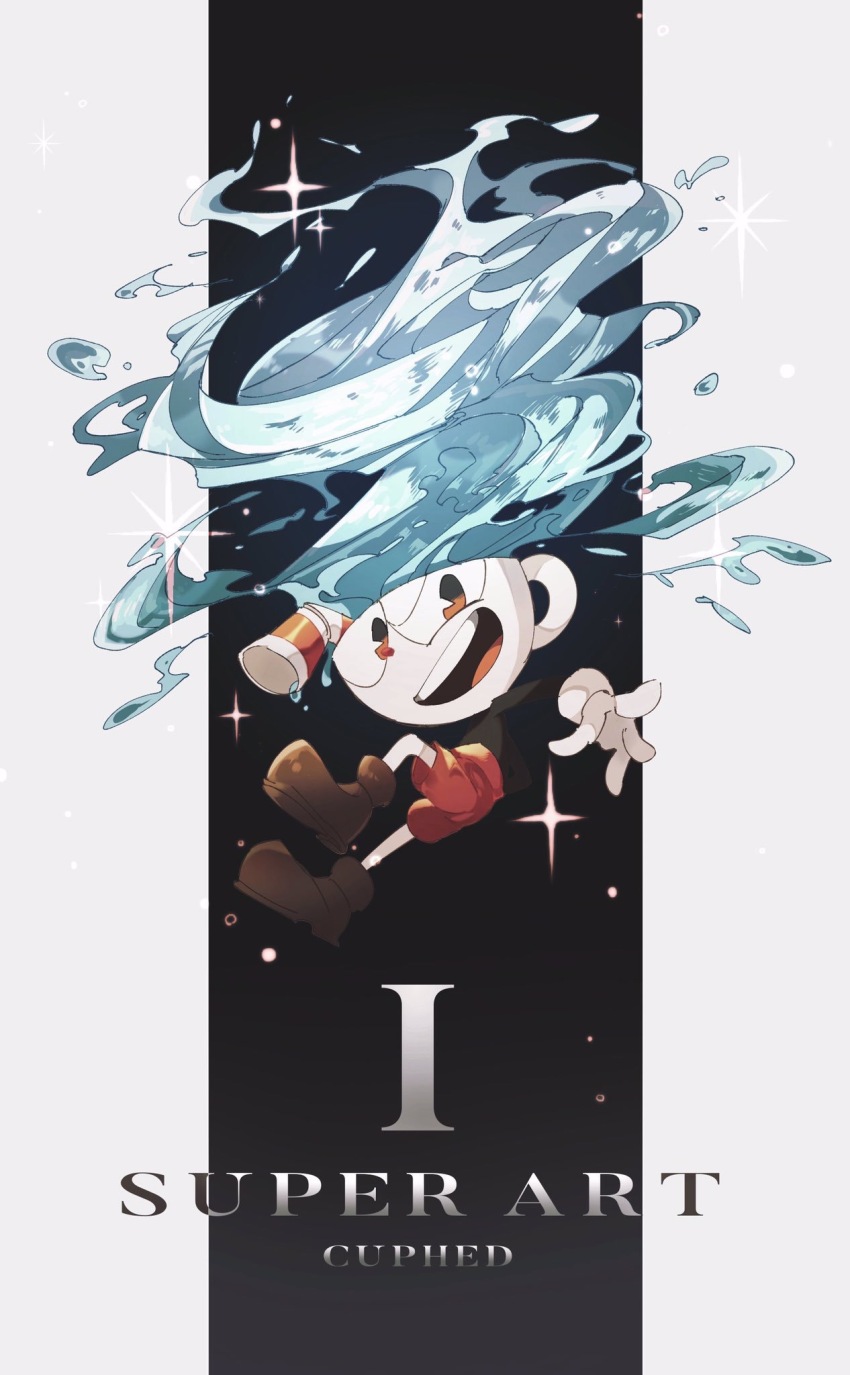 1boy :d ankle_boots aya_(ayamenora) bendy_straw black_background black_mouth black_shirt boots brown_boots commentary_request cup cuphead cuphead_(game) drinking_straw english_text fewer_digits full_body gameplay_mechanics gloves highres long_sleeves looking_at_viewer male_focus object_head open_mouth outside_border pac-man_eyes pillarboxed red_eyes red_shorts shirt shorts simple_background smile solo sparkle teeth tongue uneven_eyes upper_teeth_only white_gloves