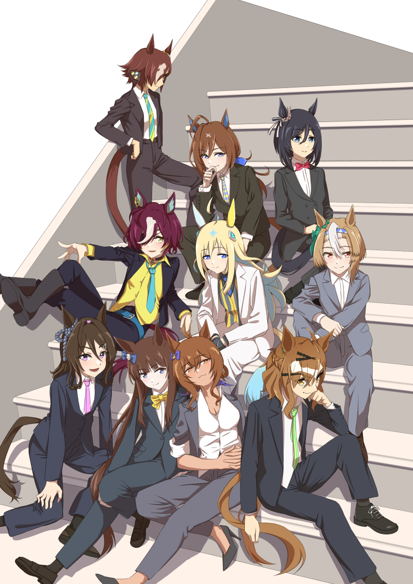 6+girls absurdres ahoge animal_ears annotated aqua_belt aqua_necktie belt black_pants blonde_hair blue_eyes blue_hairband blue_tail bow bowtie braid breasts brown_eyes brown_hair cleavage colored_inner_hair commentary crossed_legs dark_skin deep_impact_(umamusume) deep_sky_(racehorse) dress_shoes ear_covers ear_ornament ear_ribbon ear_scrunchie eishin_flash_(umamusume) eyepatch formal_clothes genderswap genderswap_(mtf) gloves green_necktie grey_eyes grey_gloves grey_suit hair_between_eyes hair_ornament hair_over_one_eye hairband hairclip half_up_half_down_braid hand_on_own_chin hand_on_own_hip high_heels highres jacket jungle_pocket_(umamusume) killtenshi king_kamehameha_(umamusume) logi_universe_(racehorse) long_sleeves looking_at_viewer medium_hair meisho_samson_(racehorse) multicolored_hair multiple_girls necktie neo_universe_(umamusume) original own_hands_clasped own_hands_together pants personification pink_necktie purple_eyes red_bow red_bowtie rope shimenawa sidelocks sitting sitting_on_stairs sleeves_rolled_up smug stairs striped_clothes striped_necktie suit suit_jacket tanino_gimlet_(umamusume) trait_connection two-tone_hair two-tone_tail umamusume vodka_(umamusume) white_hair white_suit yellow_bow yellow_bowtie yellow_eyes yellow_necktie yellow_tail