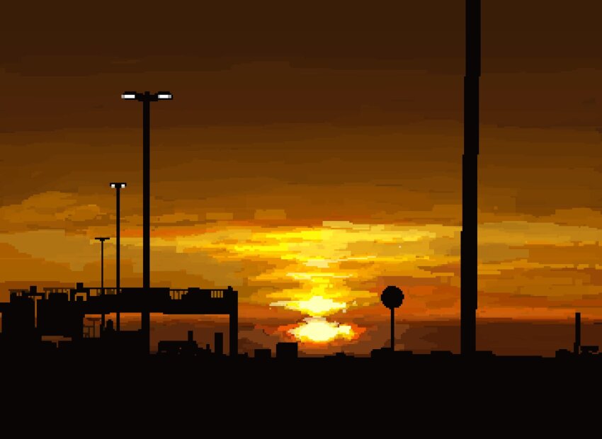 cityscape highres hisachan55cute horizon lamppost no_humans orange_clouds orange_sky original outdoors pixel_art road_sign scenery sign silhouette sky sunset town