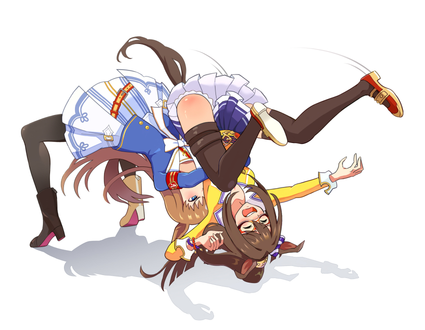 2girls animal_ears armband asymmetrical_footwear belt black_footwear black_pantyhose blue_eyes blue_jacket blue_skirt boots bow bowtie brown_hair brown_thighhighs closed_eyes domino_mask el_condor_pasa_(umamusume) german_suplex grass_wonder_(umamusume) high_heel_boots high_heels highres horse_ears horse_girl horse_tail jacket long_hair mask mismatched_footwear multiple_girls okken open_mouth pantyhose pleated_skirt scrunchie simple_background skirt suplex tail thighhighs umamusume white_background wrestling yellow_boots