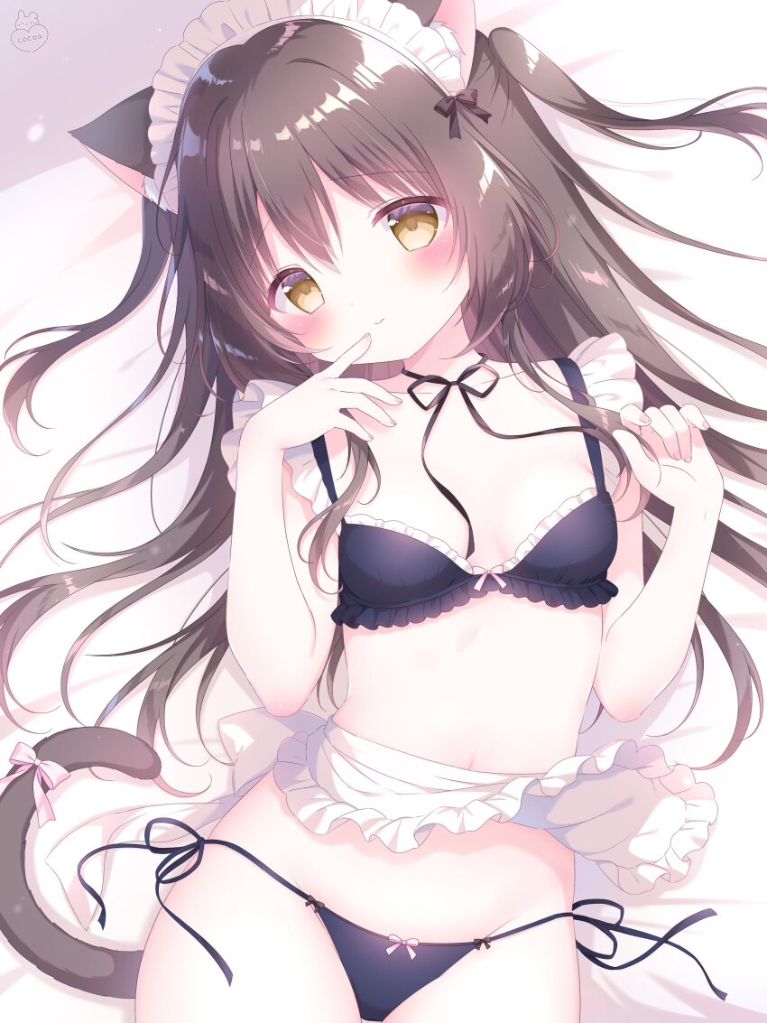 1girl absurdres animal_ear_fluff animal_ears apron bare_arms bare_shoulders bikini black_bikini black_bow black_bra black_panties black_ribbon blush bow bra breasts brown_eyes brown_hair cat_ears cat_girl cat_tail choker cleavage closed_mouth collarbone cowboy_shot frilled_apron frilled_bra frills groin hair_between_eyes hair_ribbon hand_up hands_up highres long_hair looking_at_viewer lying maid maid_bikini maid_headdress medium_breasts navel on_back original panties parted_lips paw_pose ribbon side-tie_panties small_breasts smile solo stomach swimsuit tail tail_ornament tail_raised two_side_up unconventional_maid underwear underwear_only usami_cocoa very_long_hair waist_apron white_apron yellow_eyes
