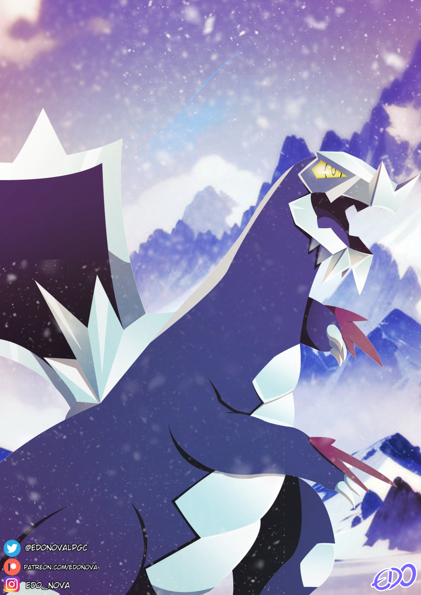 absurdres artist_name baxcalibur blue_skin blue_spine claws colored_sclera colored_skin dragon edo_nova fangs highres ice long_tail mountain nintendo no_humans pokemon pokemon_(creature) reptile scales skin_fangs snow snowing spine spinosaurus tail yellow_eyes yellow_sclera