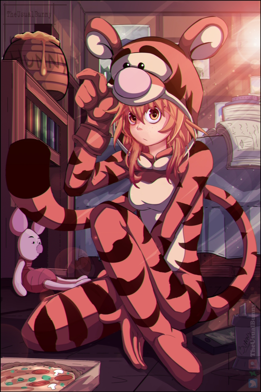 1girl absurdres aisaka_taiga animal_costume animal_print arm_between_legs artist_name book bookshelf commentary deviantart_logo english_commentary food hand_up highres honey indoors on_floor patreon_logo piglet_(winnie_the_pooh) pizza sitting solo stuffed_animal stuffed_toy theusualbunny tiger_costume tiger_print tigger toradora! twitter_logo winnie_the_pooh