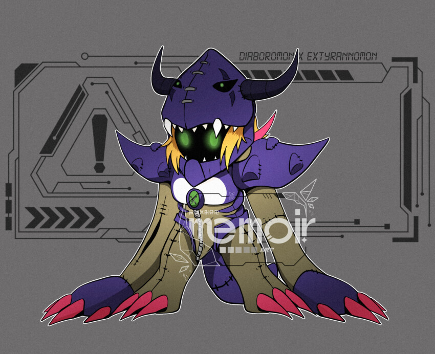 blonde_hair claws diablomon digimon digimon_(creature) highres horns oridigi original sharp_teeth solo tail teeth