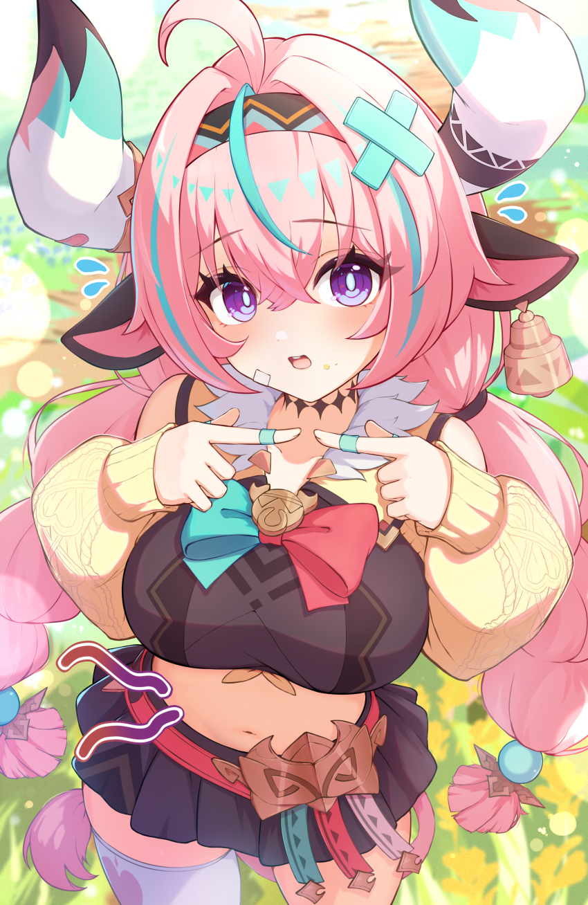 1girl absurdres ahoge animal_ears aqua_bow aqua_hair bandaid bell black_skirt blurry bow braid breasts commentary_request cow_ears cow_girl cow_horns cow_tail cowbell crop_top crumbs depth_of_field detached_sleeves genshin_impact grass hair_intakes hair_ornament hairband hands_up highres horns hungry index_fingers_together large_breasts long_braid looking_at_viewer low_twin_braids midriff miniskirt multicolored_hair navel pink_bow pink_hair purple_eyes seitokai_satoo-sgr shoes single_thighhigh skirt solo stomach stomach_growling streaked_hair tail thighhighs thighs twin_braids two-tone_bow two-tone_hair varesa_(genshin_impact) white_thighhighs x_hair_ornament