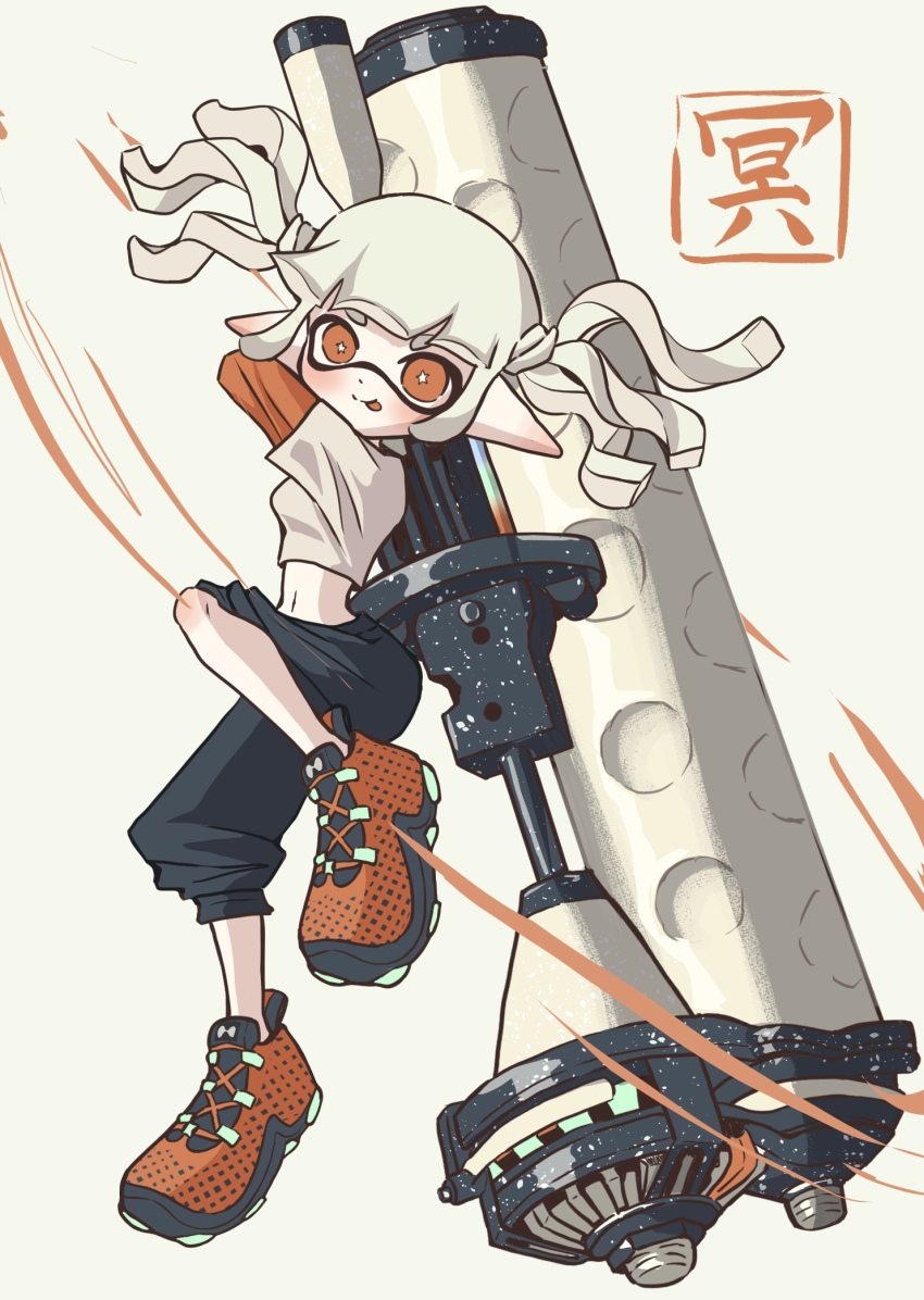 1girl :p black_shorts bright_pupils commentary_request dynamo_roller_(splatoon) highres holding holding_weapon inkling inkling_girl inkling_player_character long_hair midriff navel nintendo orange_eyes orange_shoes osakanagumi11 pointy_ears shoes shorts solo splatoon_(series) splatoon_3 tentacle_hair tongue tongue_out weapon white_background white_pupils