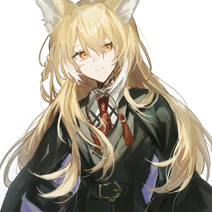 1girl animal_ears arknights belt belt_buckle black_belt black_coat black_jacket blonde_hair buckle closed_mouth coat coat_on_shoulders collared_shirt commentary_request facial_scar fumi_(rdbm) hand_on_own_hip highres jacket long_hair long_sleeves looking_at_viewer multicolored_hair necktie orange_necktie partial_commentary scar scar_on_cheek scar_on_face shirt simple_background smile solo streaked_hair tassel vulpisfoglia_(arknights) white_background white_hair white_shirt yellow_eyes