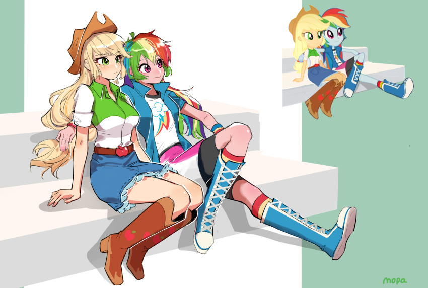 2girls alternate_skin_color antenna_hair applejack applejack_(equestria_girls) arm_support belt bike_shorts_under_skirt blonde_hair blue_boots blue_hair blue_jacket blue_skirt boots breasts brown_belt brown_boots brown_hat closed_mouth collared_jacket collared_shirt cowboy_hat cutie_mark denim denim_skirt freckles frilled_skirt frills full_body green_background green_eyes green_hair green_shirt hashtag-only_commentary hat high_heel_boots high_heels highres jacket kewoshixiaodaia knee_boots knee_up kneehighs large_breasts long_hair looking_ahead medium_breasts miniskirt multicolored_hair multiple_girls my_little_pony my_little_pony:_equestria_girls my_little_pony:_friendship_is_magic pink_eyes pink_skirt purple_hair rainbow_dash rainbow_dash_(equestria_girls) rainbow_hair red_hair red_socks reference_inset shadow shirt shirt_tucked_in shoelaces short-sleeved_jacket short_sleeves sideways_glance sitting sitting_on_stairs skirt smile socks stairs streaked_hair two-tone_background two-tone_shirt two-tone_skirt two-tone_socks very_long_hair white_background white_shirt white_skirt wristband yellow_socks