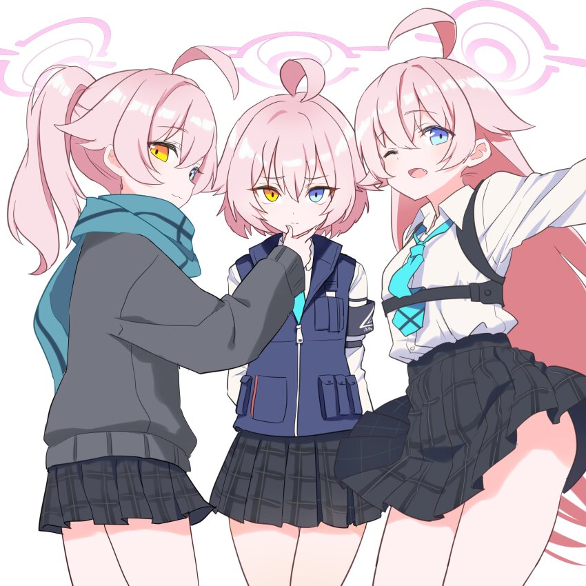 3girls absurdres age_comparison ahoge armband blue_archive blue_eyes blue_necktie blue_scarf blue_vest chest_harness closed_mouth collared_shirt cowboy_shot fang goyain grey_jacket grey_skirt harness heterochromia high_ponytail highres hoshino_(blue_archive) hoshino_(first_year)_(blue_archive) hoshino_(second_year)_(blue_archive) hoshino_(young)_(blue_archive) jacket long_hair long_sleeves looking_at_viewer multiple_girls necktie one_eye_closed open_mouth orange_eyes pink_hair plaid_clothes plaid_skirt ponytail scarf shirt short_hair simple_background skirt time_paradox vest white_background white_shirt