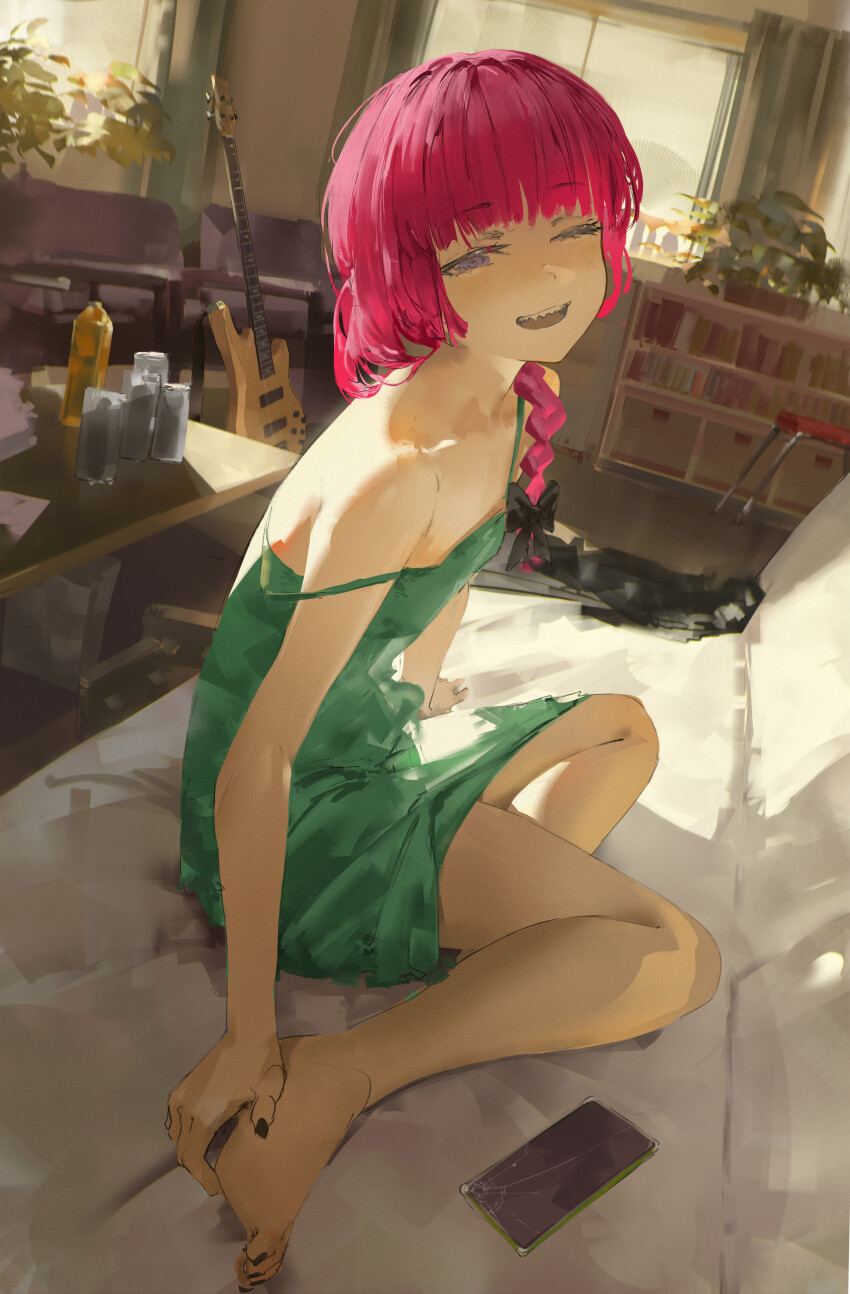 1girl absurdres black_nails blunt_bangs bocchi_the_rock! braid cellphone darr1o dress drunk flat_chest from_side green_dress guitar hair_over_shoulder highres hiroi_kikuri indoors instrument looking_at_viewer one_eye_closed phone sharp_teeth single_braid single_off_shoulder sitting smartphone solo teeth yokozuwari
