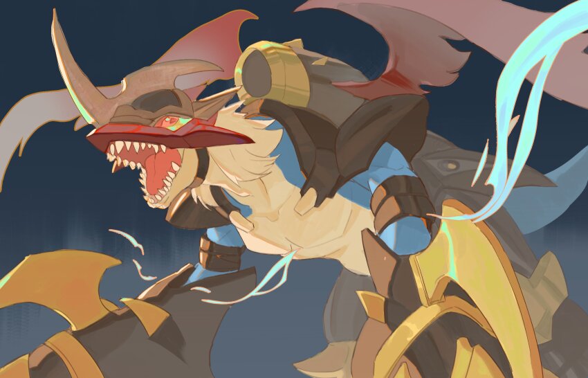 765_nanami armlet armor black_armor blue_skin cannon claws colored_skin digimon digimon_(creature) dragon fake_horns helmet highres horned_helmet horns imperialdramon imperialdramon_dragon_mode jewelry leg_armor looking_at_viewer multicolored_skin red_helmet red_wings sharp_teeth short_hair single_horn solo tail teeth two-tone_skin white_hair white_skin wings
