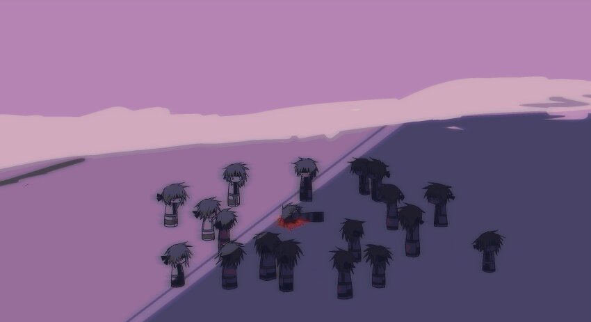 6+others androgynous atoymk belt black_eyes black_headband black_shirt blood brown_hair chibi clone collared_jacket commentary death from_behind hashtag-only_commentary headband highres jacket kurohebi len&#039;en lying messy_hair multiple_others no_mouth on_back other_focus pants pool_of_blood purple_background purple_belt purple_footwear purple_jacket purple_pants purple_theme shade shirt shoes short_hair solid_circle_eyes standing