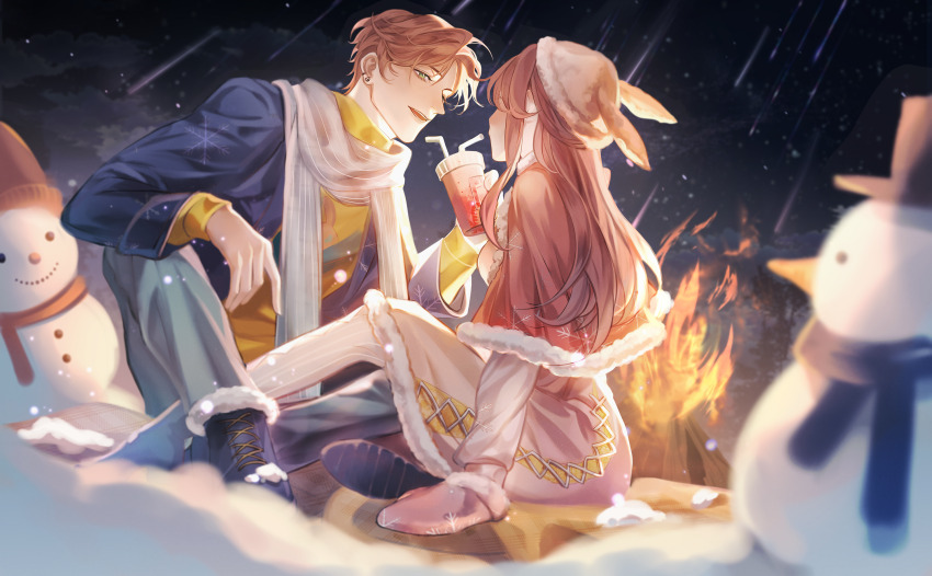 1boy 1girl :d blue_jacket blue_pants boots brown_hair cup fire full_body green_eyes hat highres holding jacket light_and_night_love long_hair long_sleeves looking_at_another night night_sky open_mouth outdoors pants pink_scarf protagonist_(light_and_night_love) scarf shirt shoes short_hair sitting sky smile snow snowing snowman star_(sky) sweater white_scarf xia_mingxing yellow_shirt yellow_sweater zhuowang233