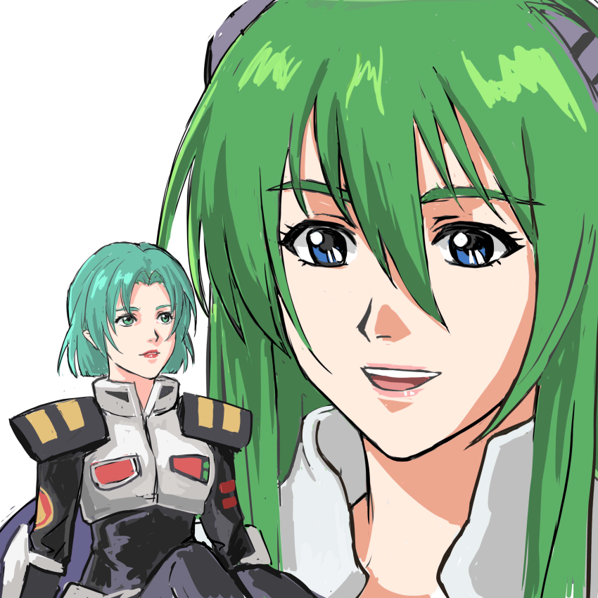 2girls absurdres blue_eyes emilia_jenius giant giantess green_hair headgear highres komillia_maria_jenius maclone macross macross_2036 macross_7 macross_7:_the_galaxy_is_calling_me mecha_pilot_suit meltrandi military military_uniform multiple_girls nekkikamille open_mouth pilot_suit roundel science_fiction siblings sisters sketch spacesuit u.n._spacy upper_body