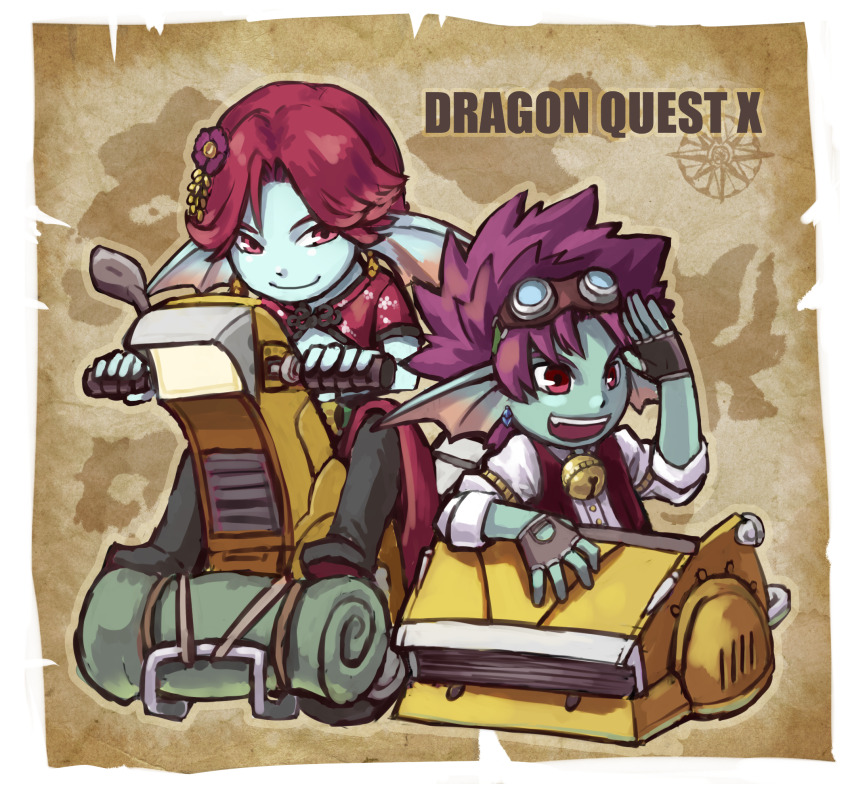 2boys :d aqua_skin bell black_pants blue_skin brown_gloves colored_skin commentary_request compass_rose copyright_name dragon_quest dragon_quest_x earrings fingerless_gloves fins fish_boy flei_rainbow flower gloves goggles goggles_on_head hair_flower hair_ornament head_fins highres jewelry looking_at_another male_focus map motor_vehicle multiple_boys neck_bell on_scooter open_mouth pants parted_bangs purple_flower purple_hair red_eyes red_hair red_vest scooter shirt short_hair sidecar smile spiked_hair vest weddie_(dq10) white_background white_shirt