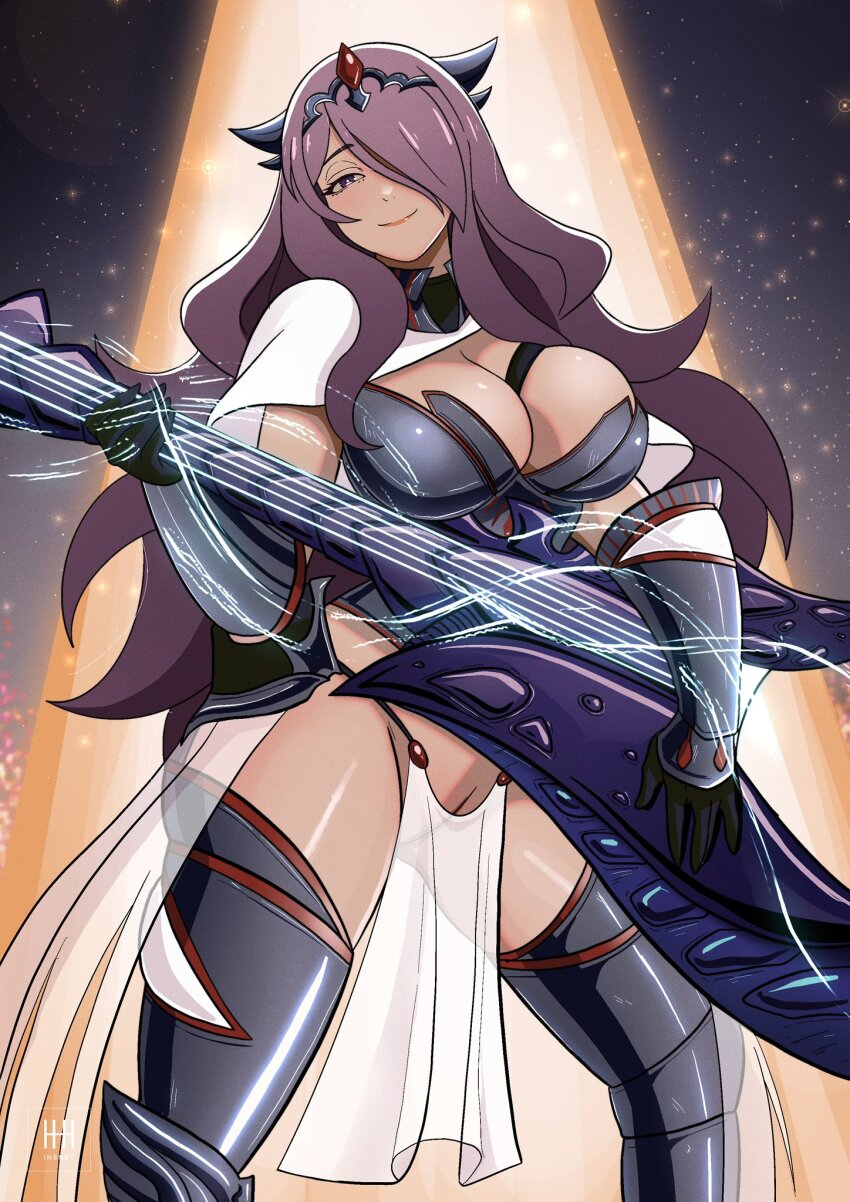1girl alternate_costume armor bikini_armor black_armor blush breasts camilla_(fire_emblem) cape cleavage closed_eyes fire_emblem fire_emblem_fates gloves guitar hair_ornament hair_over_one_eye highres holding holding_guitar holding_instrument ihsnet instrument large_breasts leotard long_hair looking_at_viewer music nintendo no_panties pelvic_curtain playing_instrument purple_eyes purple_hair pussy revealing_clothes see-through_clothes smile solo tiara very_long_hair wavy_hair white_cape