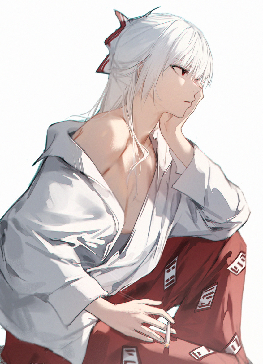 1girl bow breasts cigarette commentary elbow_on_knee elbow_rest english_commentary from_side fujiwara_no_mokou hair_bow hand_on_own_face highres holding holding_cigarette hs_(user_hvww8443) knee_up large_breasts long_hair ofuda ofuda_on_clothes pants parted_lips partially_unbuttoned profile red_eyes red_pants shirt simple_background single_bare_shoulder single_off_shoulder smoke smoking solo touhou white_background white_bow white_hair white_shirt