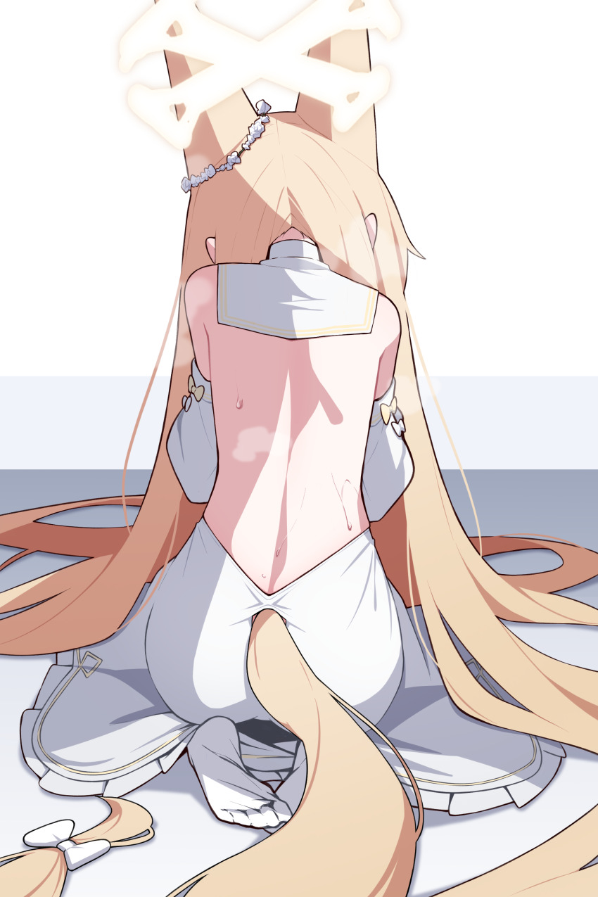 1girl absurdres animal_ears back backless_dress backless_outfit blonde_hair blue_archive cross_halo detached_sleeves dress extra_ears flower_wreath fox_ears fox_girl fox_tail from_behind full_body halo highres long_hair mmhomm no_shoes seia_(blue_archive) seiza sitting sleeveless sleeveless_dress solo sweat tail white_background white_dress yellow_halo