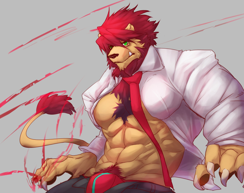 1boy abs animal_ears bara bulge claws closed_mouth fang fang_out furrification furry furry_male glasses highres istani kekkai_sensen klaus_von_reinhertz lion_boy lion_ears lion_mane lion_tail male_focus male_underwear muscular muscular_male necktie open_clothes open_pants open_shirt pants pawpads pectorals red_male_underwear red_necktie shirt tail underwear white_shirt