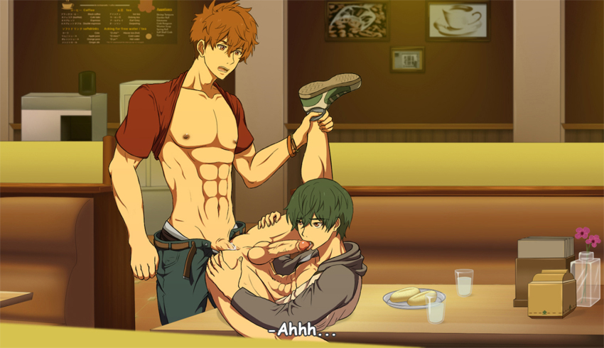 2boys abs anal anal_fluid bottomless brothers dinner erection family food free! high_speed! incest kirishima_ikuya kirishima_natsuya leg_lift male_focus male_penetrated multiple_boys muscular nipples onoro_nyo pectorals penis public_indecency self_suck sex shoes siblings table testicles text_focus yaoi