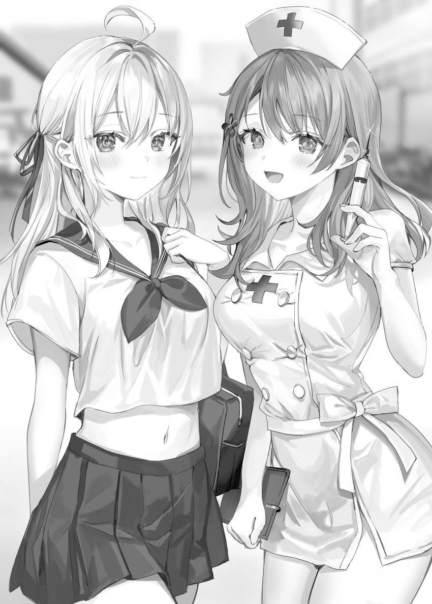 2girls :d absurdres ahoge alisa_mikhailovna_kujou bag blurry blurry_background closed_mouth collarbone cylinder hair_between_eyes hair_ribbon hat highres looking_at_viewer mariya_mikhailovna_kujou medium_hair momoko_(momopoco) monochrome multiple_girls navel novel_illustration nurse nurse_cap official_art open_mouth pleated_skirt ribbon sailor_collar sailor_shirt school_bag school_uniform shirt short_sleeves shoulder_bag siblings sidelocks sisters skirt smile tokidoki_bosotto_roshia-go_de_dereru_tonari_no_alya-san