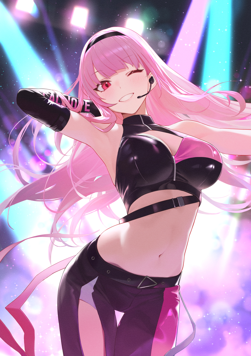 1girl ;d absurdres armpits bare_shoulders belt black_hairband black_pants blurry blurry_background breasts character_name cleavage commentary cropped_shirt detached_sleeves english_commentary floating_hair hairband halter_shirt halterneck headset highres hololive hololive_english large_breasts looking_at_viewer mori_calliope navel official_alternate_costume one_eye_closed open_mouth pants pink_eyes red_eyes serelith shirt single_detached_sleeve sleeveless sleeveless_shirt smile stomach thigh_gap virtual_youtuber