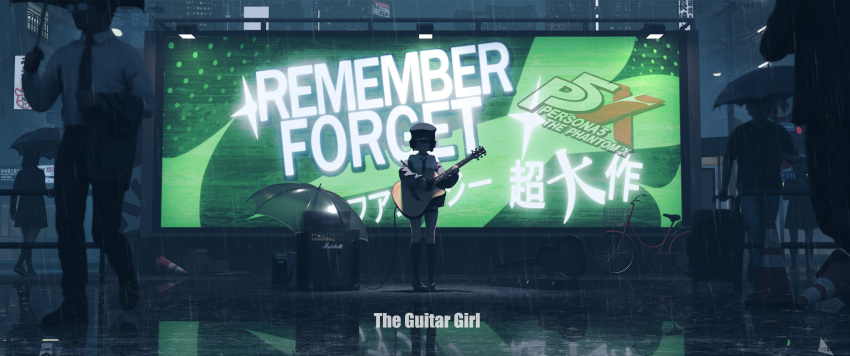 1boy 1girl absurdres amplifier bicycle billboard black_hat black_jacket black_necktie black_pants black_socks cityscape collared_shirt copyright_name de4d_fish faceless faceless_female faceless_male facing_viewer glasses guitar hat highres holding holding_instrument holding_suitcase holding_umbrella instrument jacket kneehighs long_sleeves music necktie night off_shoulder outdoors pants peaked_cap people persona persona_5 persona_5:_the_phantom_x playing_instrument railing rain reflection reflective_floor shadow shirt socks solo_focus straight-on suitcase traffic_cone transparent transparent_umbrella umbrella white_shirt wide_shot