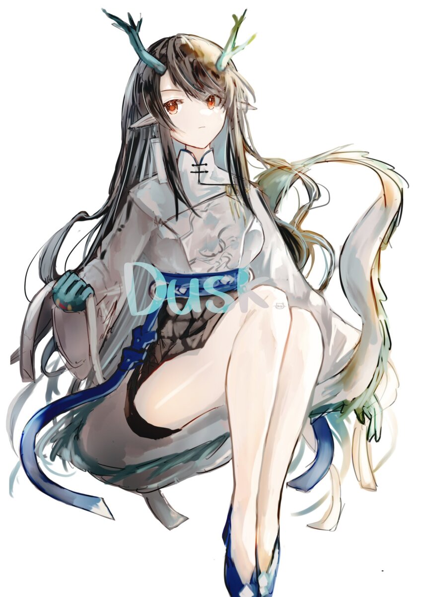 1girl ambience_synesthesia arknights black_hair black_skirt blue_ribbon character_name colored_skin commentary_request dragon_girl dragon_horns dragon_tail dress dusk_(ambience_synesthesia)_(arknights) dusk_(arknights) earrings eastern_dragon_tail fiery_tail gradient_skin green_horns green_skin hair_over_one_eye highres horns jewelry looking_at_viewer multicolored_hair pointy_ears red_eyes ribbon skirt solo streaked_hair tail tassel tassel_earrings tukaima white_dress