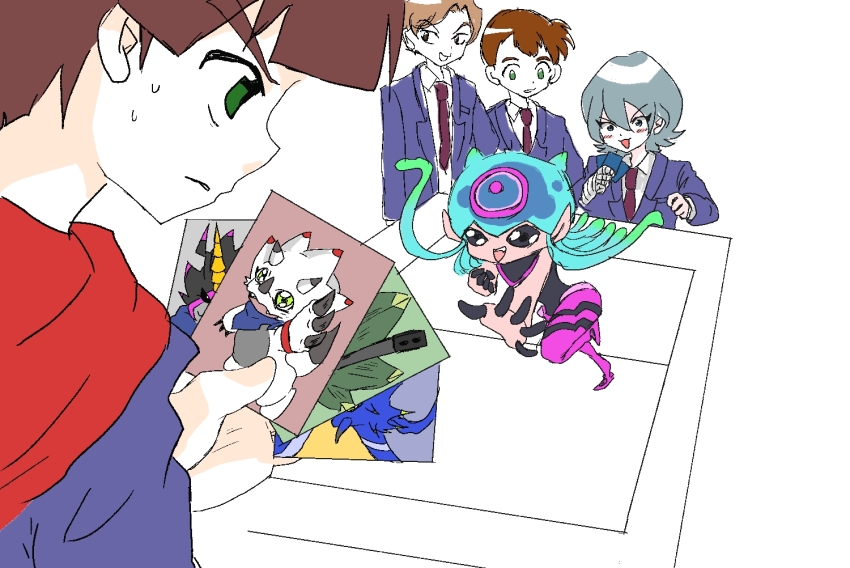 amanokawa_hiro blue_eyes digimon digimon_(creature) digimon_ghost_game fukatsu_riko gammamon gulusgammamon higashimitarai_kiyoshiro jellyfish_girl jellymon kausgammamon monster_girl nomura_kotaro short_hair tentacle_hair tentacles triceratops wezengammamon white_hair