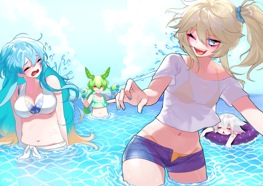 4girls :3 afloat alternate_costume amehare_hau animal_ears bikini bikini_under_clothes blonde_hair blue_eyes blue_hair blue_nails blush breasts cat_ears cat_girl cleavage closed_eyes cloud cloudy_sky coefont colored_inner_hair colored_tips commentary day denim denim_shorts dual_wielding ears_down fangs frilled_bikini_top green_bikini green_hair grin hair_ornament hair_scrunchie halterneck highres holding holding_water_gun innertube kasukabe_tsumugi large_breasts layered_bikini long_hair low_ponytail marutsubo mole mole_under_eye multicolored_hair multiple_girls navel ocean one_eye_closed open_fly open_mouth orange_hair outdoors partially_submerged pea_pod pink_hair playing ponytail sayo_(voicevox) scrunchie shirt short_shorts short_sleeves shorts side_ponytail signature sky small_breasts smile spraying stomach summer swim_ring swimsuit t-shirt triangle_mouth voicevox wading water_gun wet wet_clothes wet_shirt white_shirt wince yellow_bikini yellow_eyes zundamon