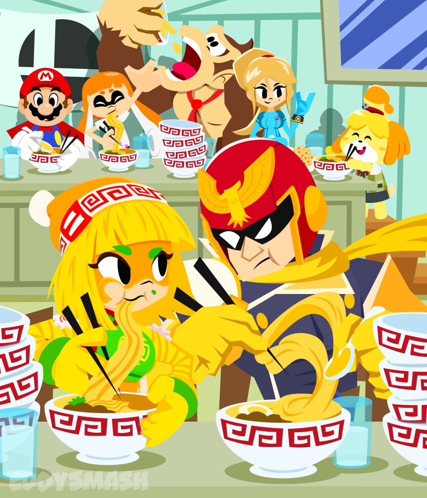 absurdres animal_crossing arms_(game) beanie blonde_hair bowl bracelet captain_falcon chopsticks donkey_kong donkey_kong_(series) eating eddysmash2407 eye_mask f-zero facial_hair food hat helmet highres inkling_girl inkling_player_character isabelle_(animal_crossing) jewelry mario mario_(series) metroid min_min_(arms) mustache nintendo noodles orange_hair ramen red_helmet samus_aran scarf short_hair splatoon_(series) super_smash_bros. visor