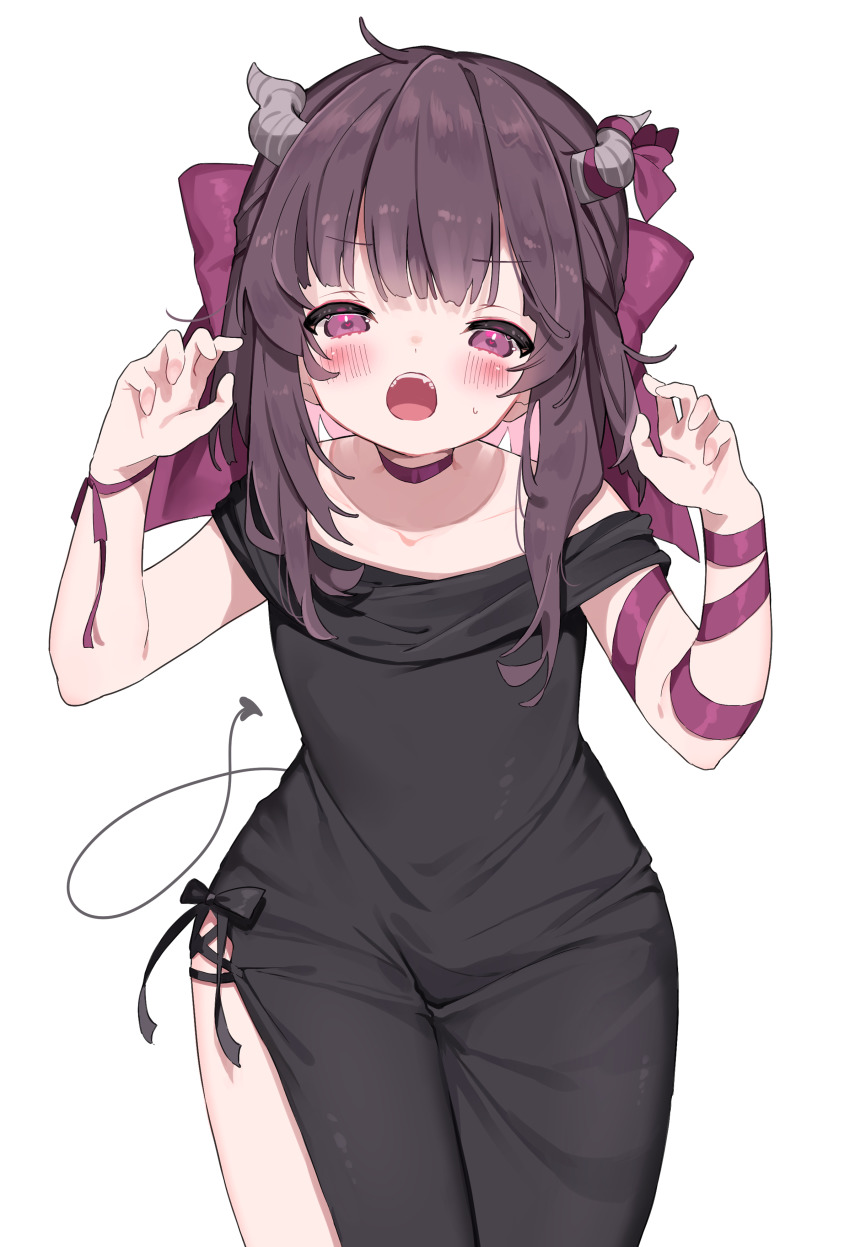 1girl absurdres alternate_costume bare_shoulders black_dress black_ribbon blush bow brown_hair choker claw_pose commission commissioner_upload demon demon_horns demon_tail dress fallenshadow female_focus flat_chest gao hair_bow halloween_costume heart heart-shaped_pupils highres horns indie_virtual_youtuber koyubita legs legs_together long_dress looking_at_viewer medium_hair off_shoulder off_shoulder_dress open_mouth petite pink_bow pink_choker pink_eyes pink_ribbon ribbon ribbon_choker side_slit sidelocks simple_background single_wrist_cuff skeb_commission solo sweatdrop symbol-shaped_pupils tail teeth thighs tight_clothes tight_dress upper_body virtual_youtuber wrist_cuffs