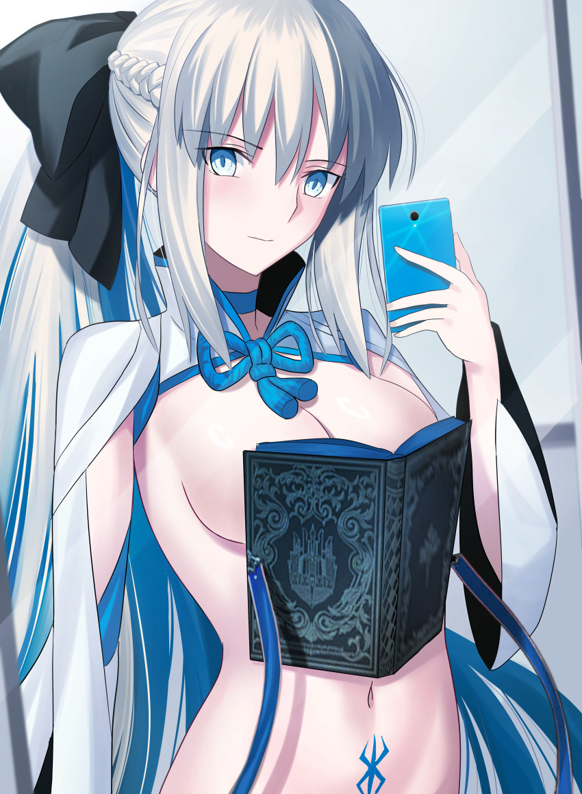 1girl absurdres black_bow blue_eyes blush boobs_in_book_(meme) book bow braid breasts capelet cellphone detached_sleeves fate/grand_order fate_(series) grey_hair hair_bow half_up_braid highres large_breasts long_hair longdq3008 looking_at_viewer meme mirror morgan_le_fay_(fate) navel phone ponytail reflection sidelocks smartphone solo stomach_tattoo tattoo upper_body very_long_hair white_capelet wide_sleeves